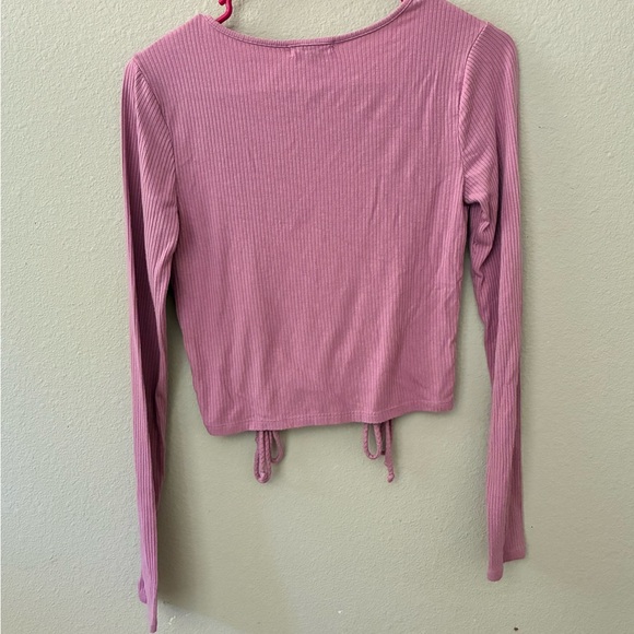 Stylish Pink Ribbed Drawstring Blouse - Picture 4 of 4